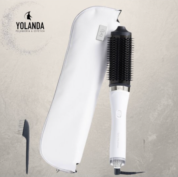 Cepillo térmico profesional blanco con funda y peine auxiliar.